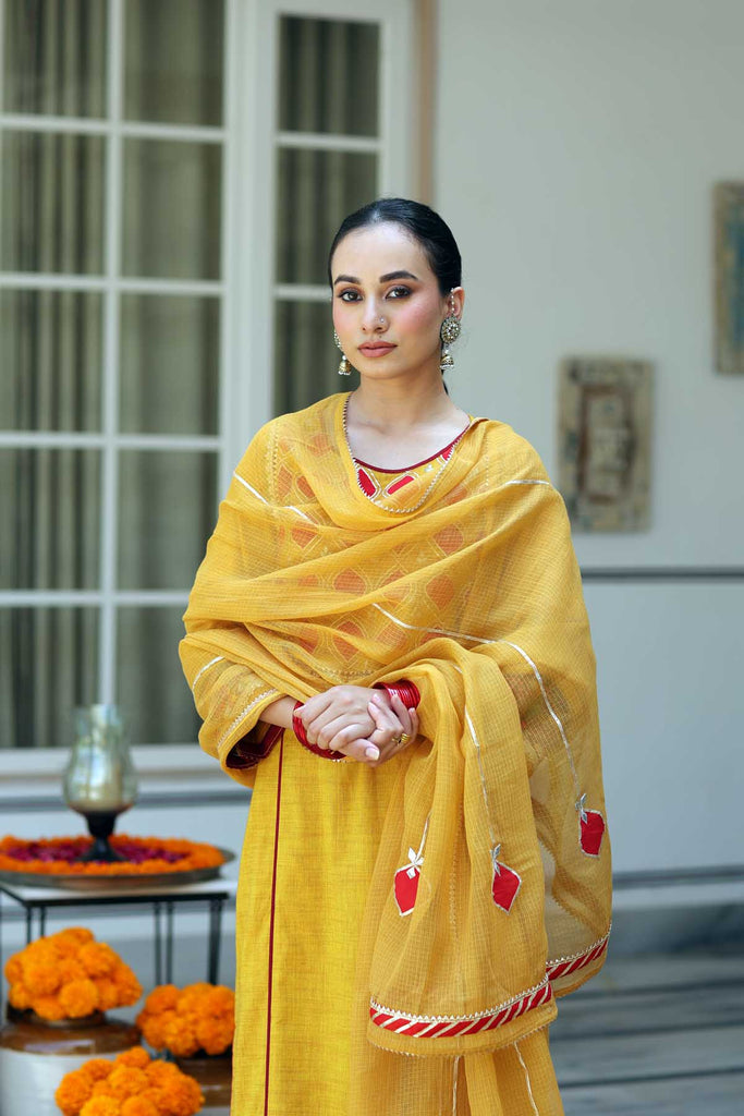 Mustard Yellow Kotadoriya Dupatta With Applique Work