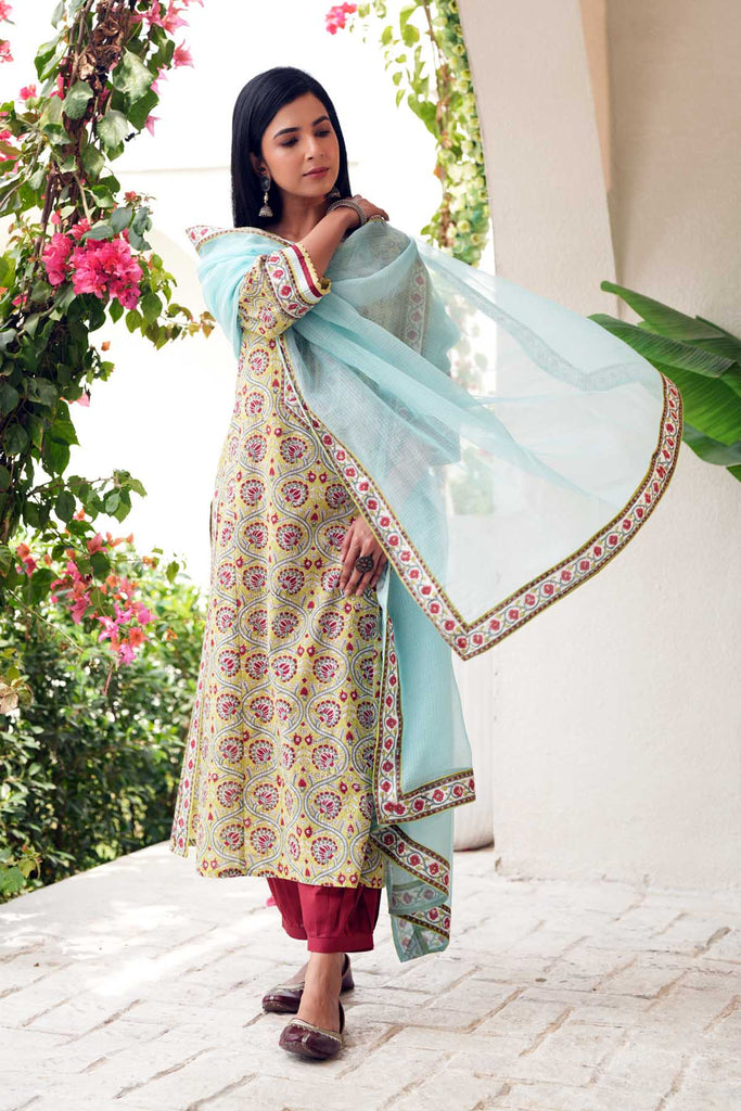 Aqua Blue Kotadoriya Dupatta With Fabric Border