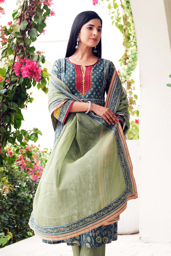 Olive Green Kotadoriya Dupatta With Fabric Borders
