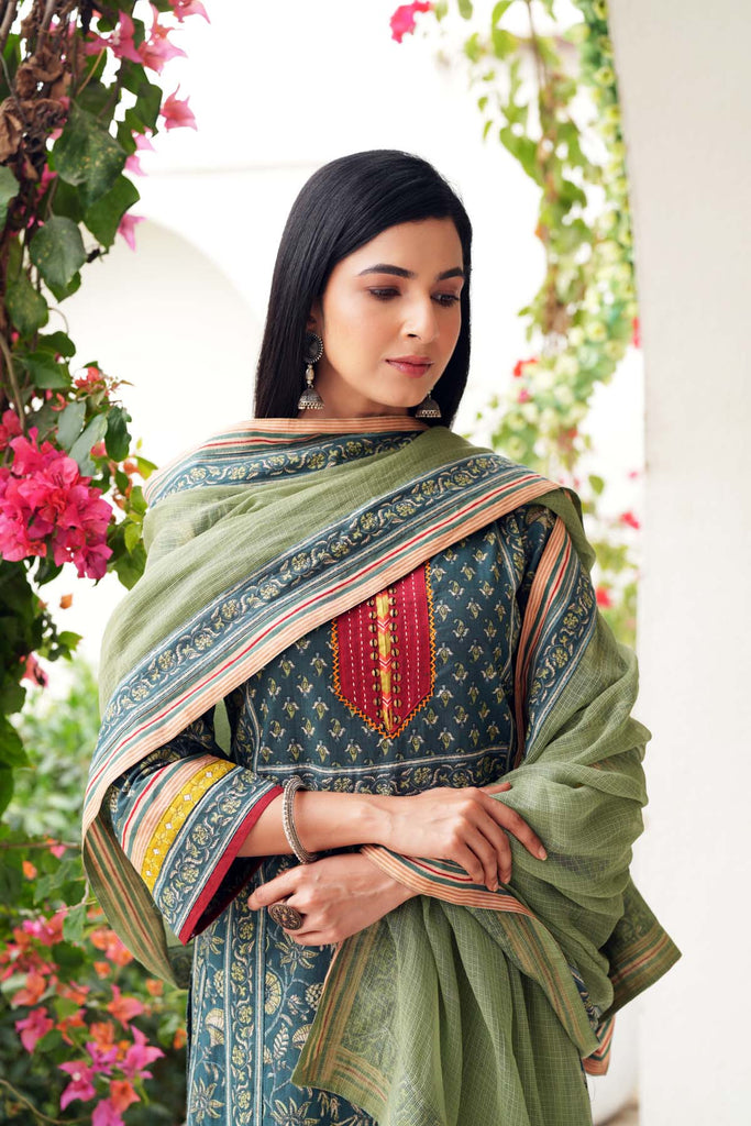 Olive Green Kotadoriya Dupatta With Fabric Borders