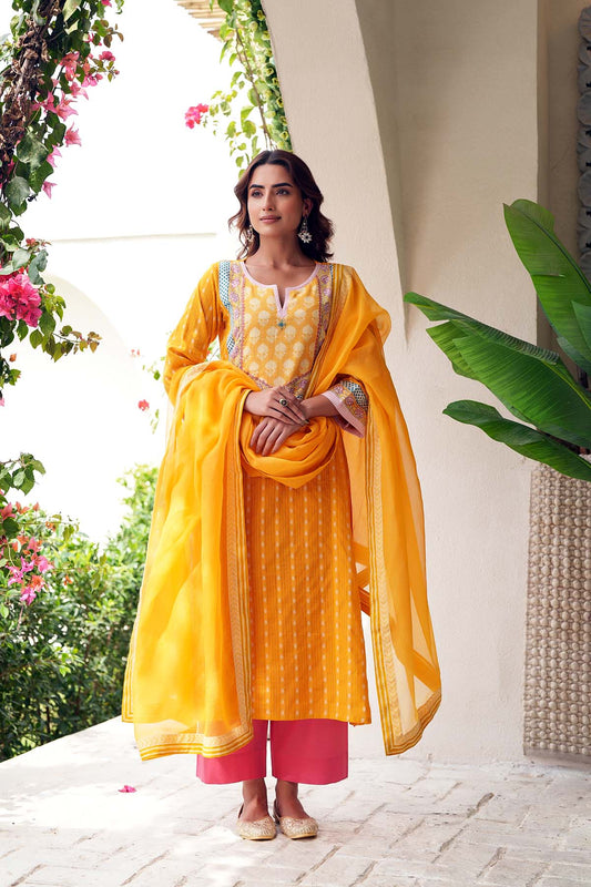 Yellow Kotadoriya Dupatta With fabric Border