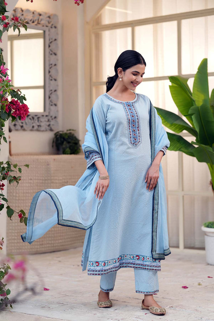 Sky Blue Kotadoriya Dupatta With Fabric Border
