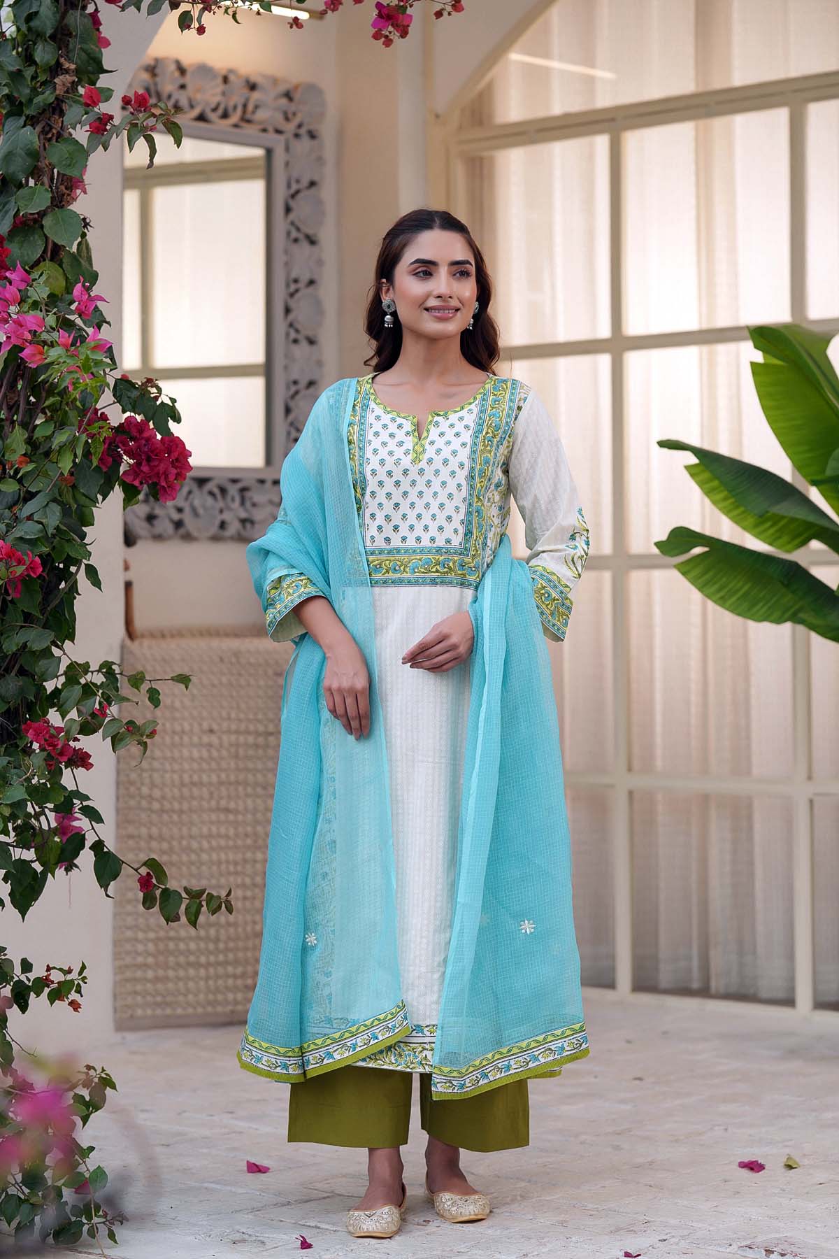 Firozi Kotadoriya Dupatta With Fabric Borders