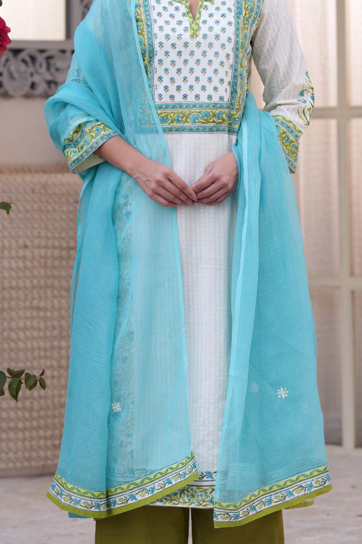 Firozi Kotadoriya Dupatta With Fabric Borders