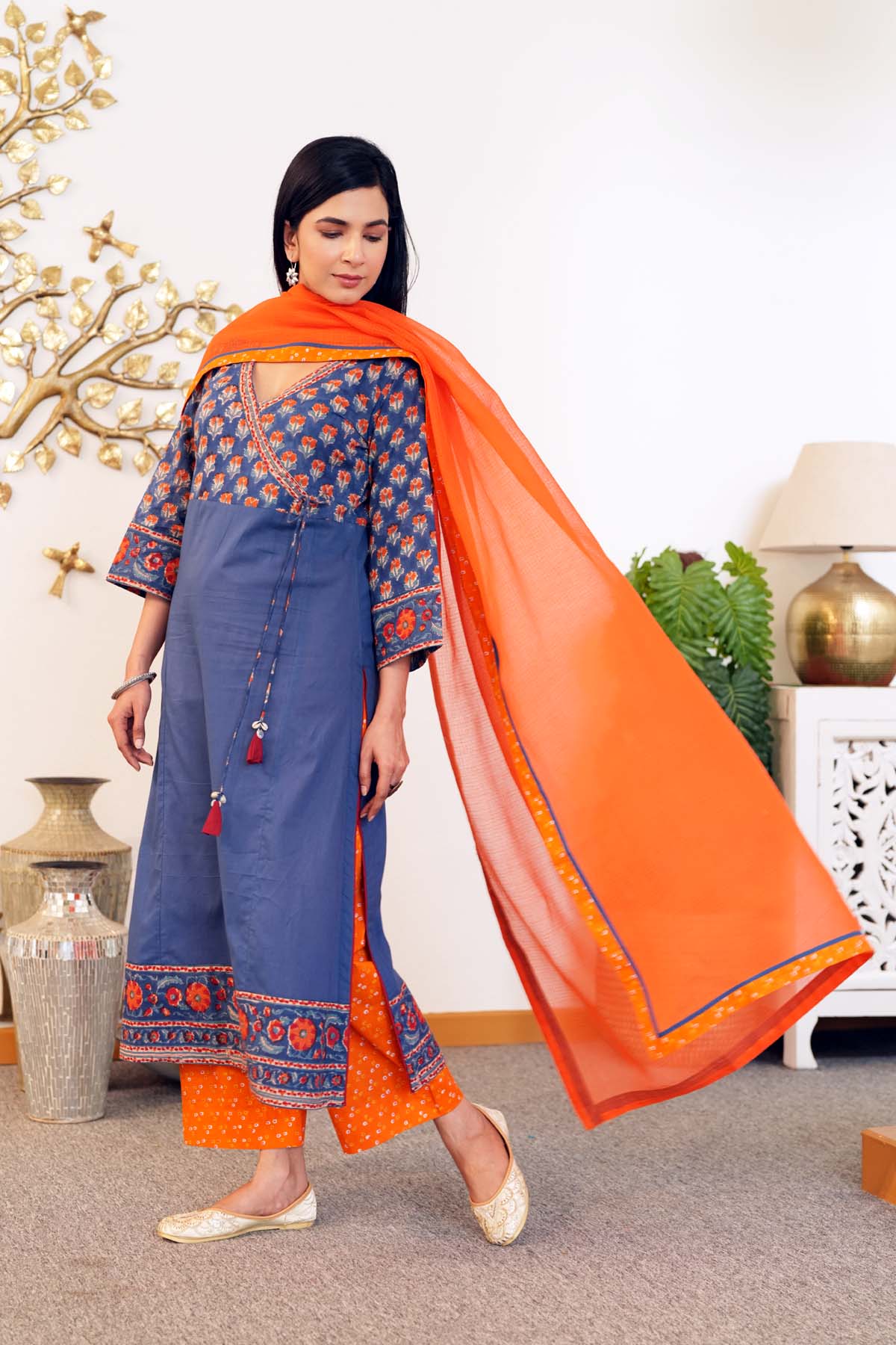Deep Orange Kotadoriya Dupatta With Fabric Borders