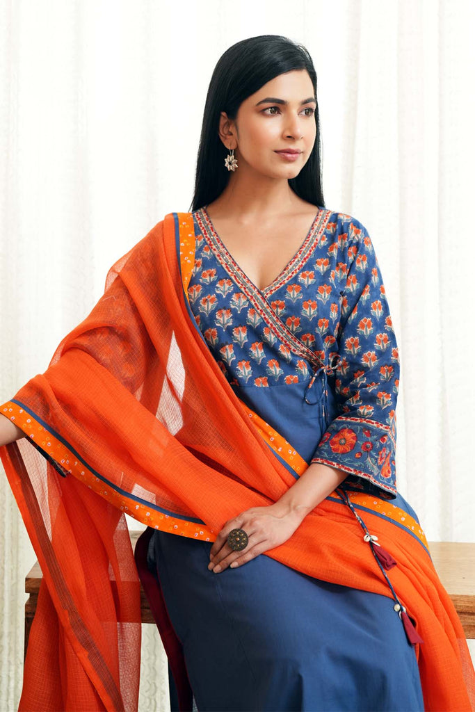 Deep Orange Kotadoriya Dupatta With Fabric Borders