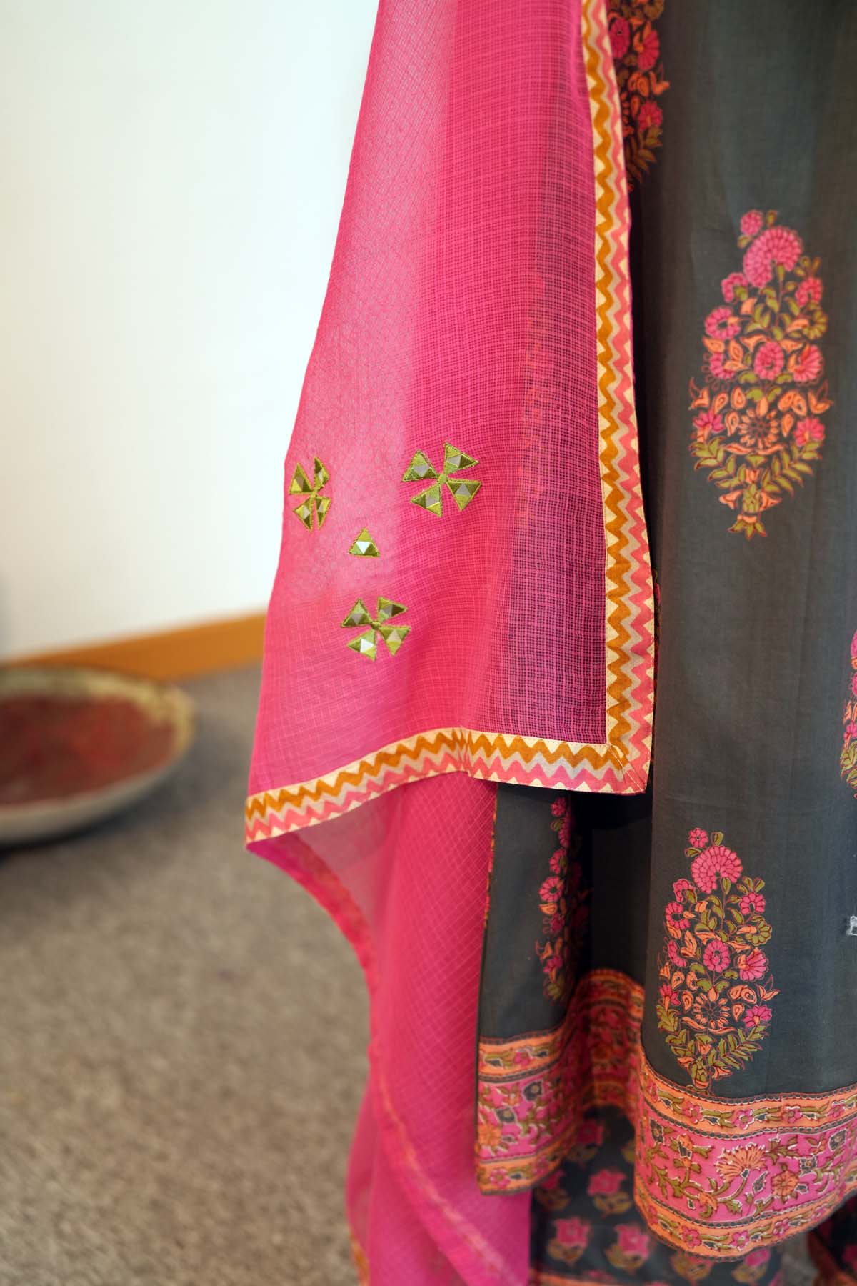 Pink Kotadoriya Dupatta With Fabric Borders