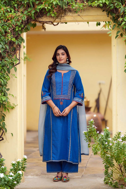 Sky Blue Kotadoriya Dupatta With Fabric Borders