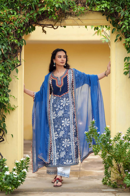 Blue Kotadoriya Dupatta With Fabric Borders