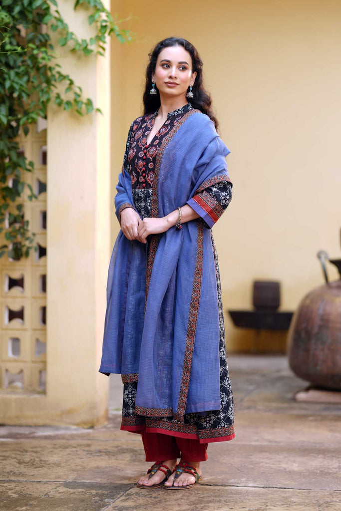 Deep Blue Kotadoriya Dupatta With Fabric Borders