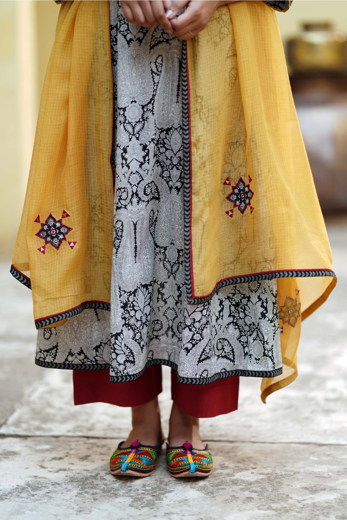 Mustard Yellow Kotadoriya Dupatta With Applique Work