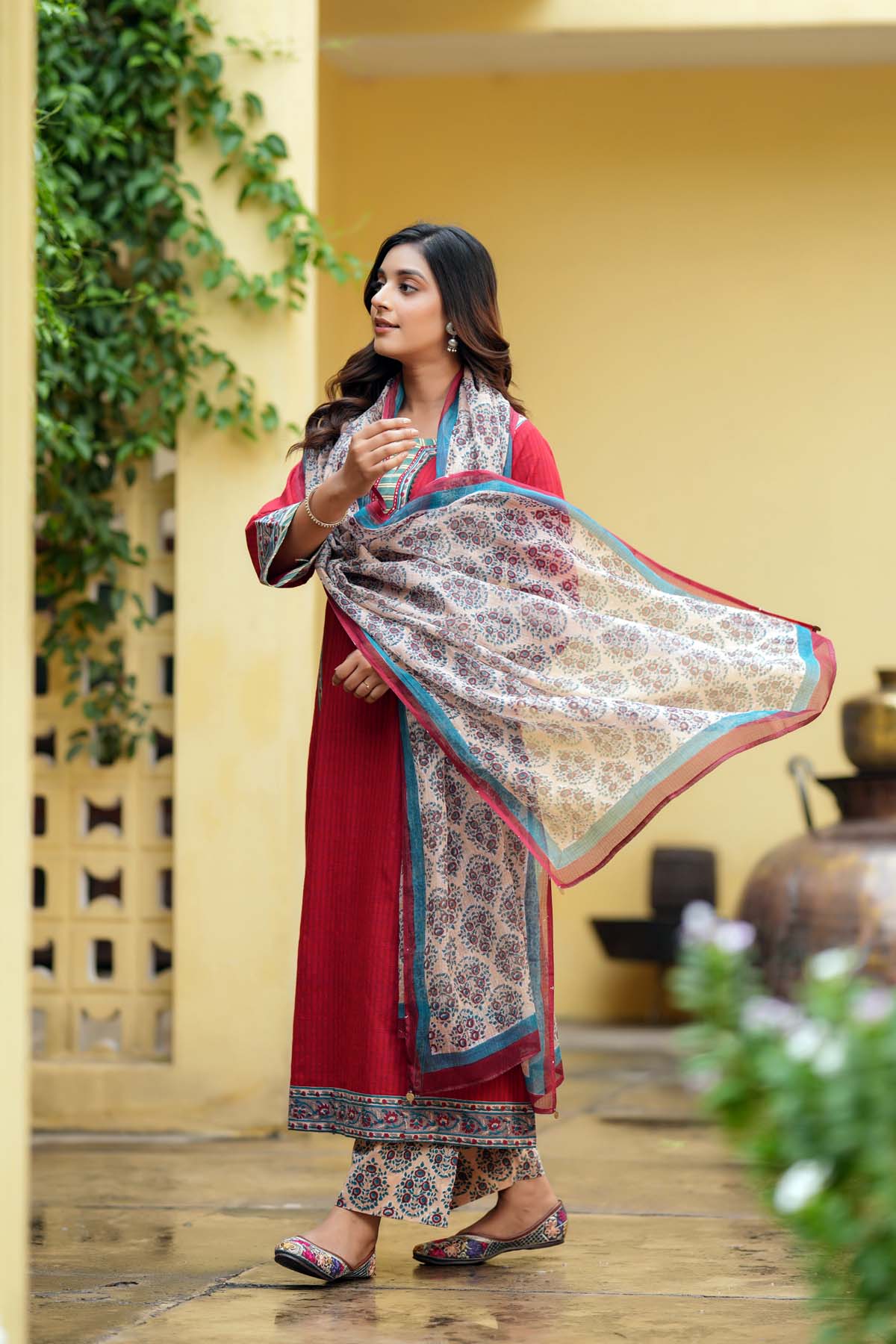 Beige Hand Block Printed Kotadoriya Dupatta