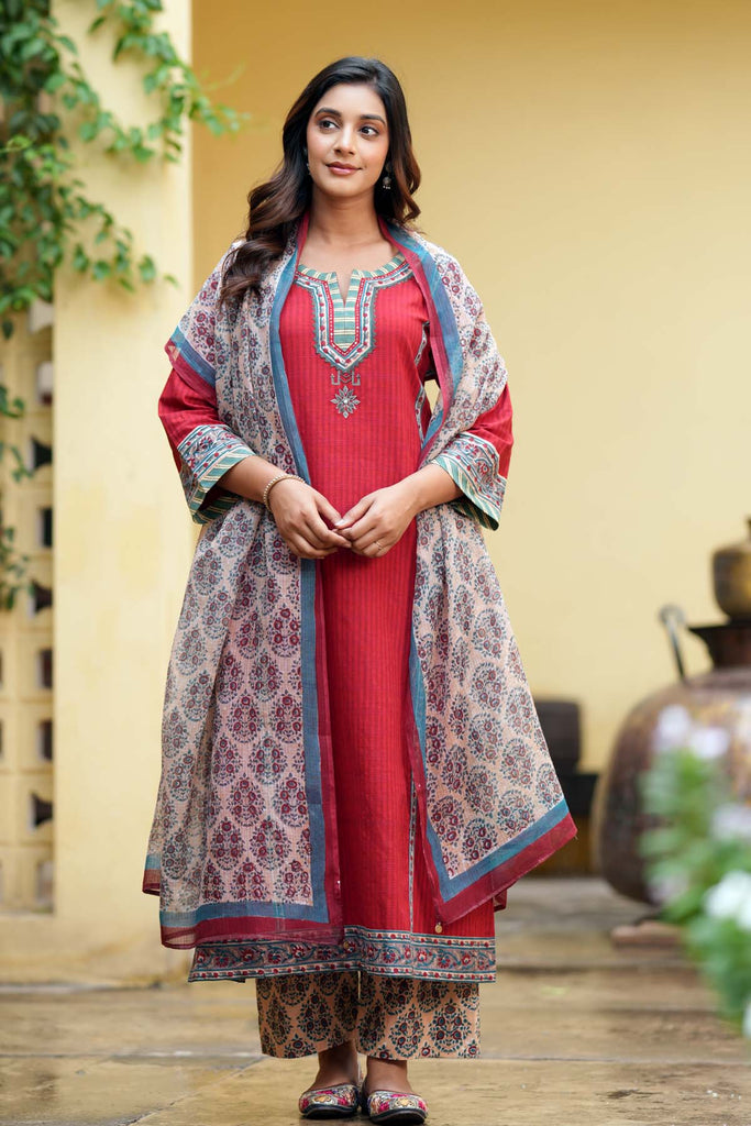 Beige Hand Block Printed Kotadoriya Dupatta