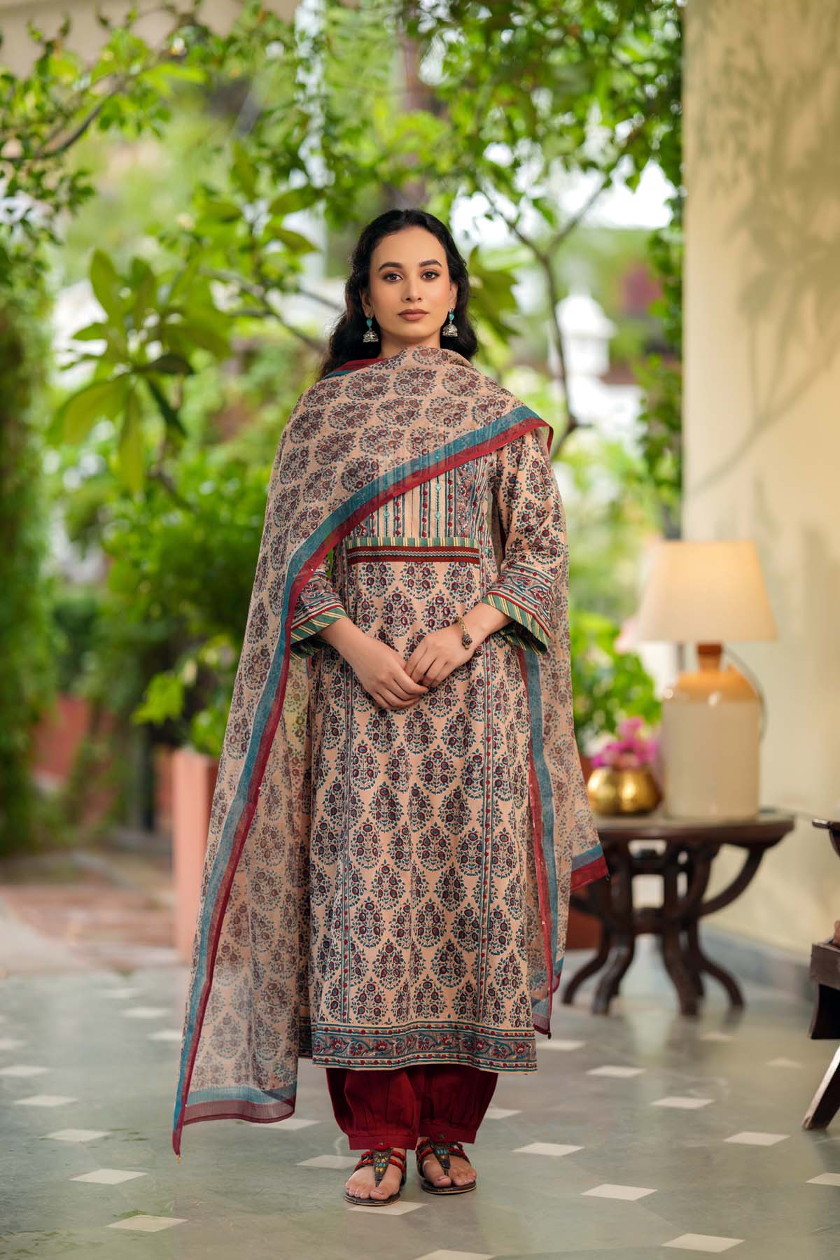 Beige Hand Block Printed Kotadoriya Dupatta