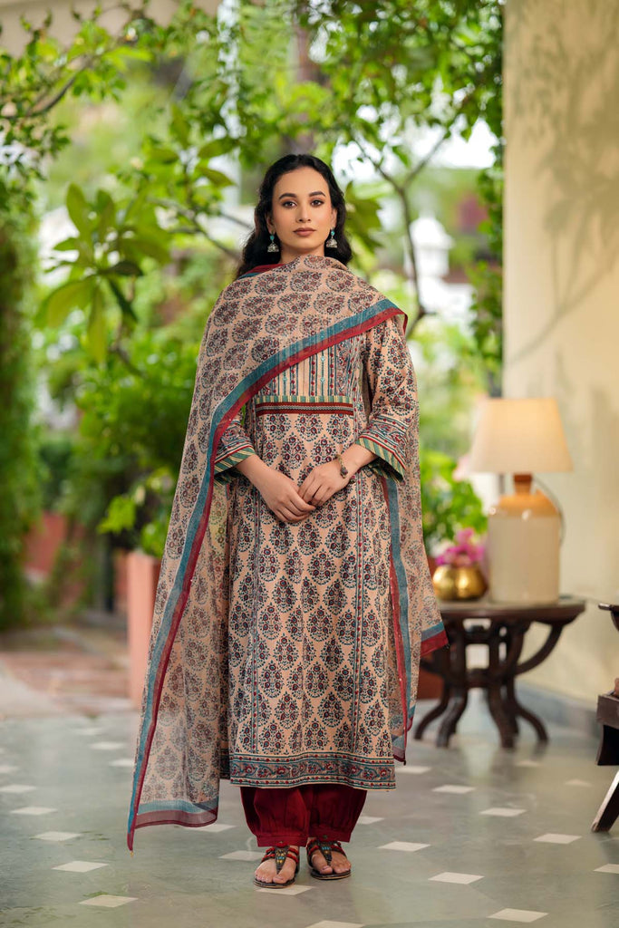 Beige Hand Block Printed Kotadoriya Dupatta