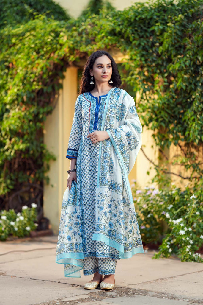 White Dupatta In Handblock Printed Chanderi Fabric