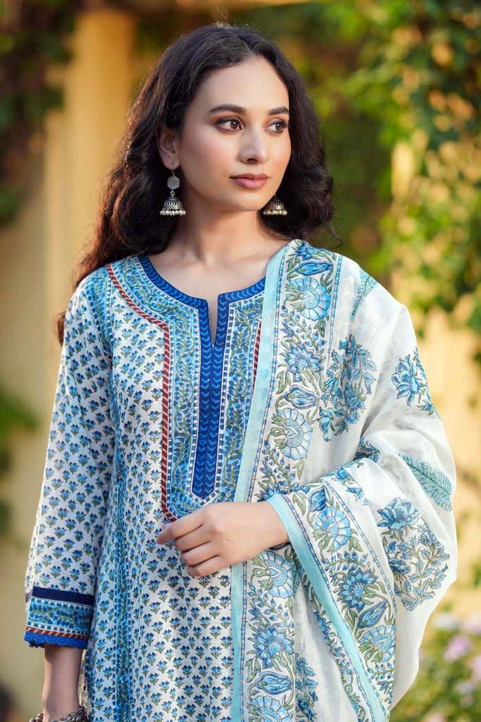 White Dupatta In Handblock Printed Chanderi Fabric