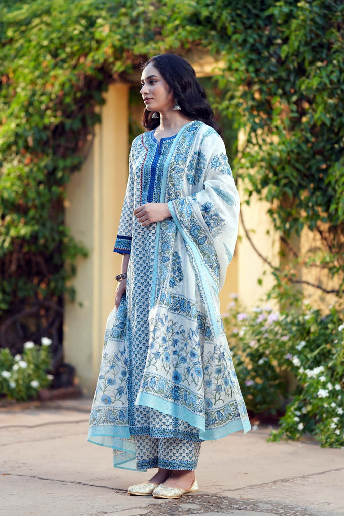 White Dupatta In Handblock Printed Chanderi Fabric