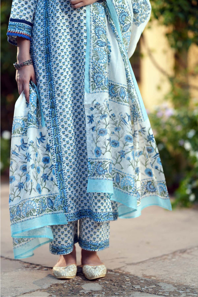 White Dupatta In Handblock Printed Chanderi Fabric