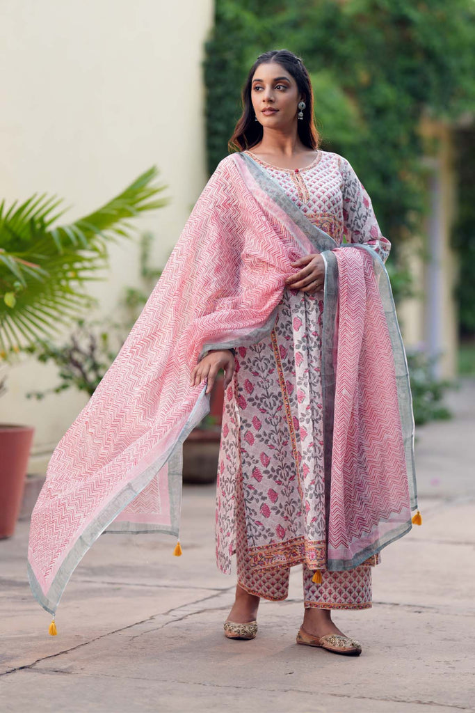 Light Pink Handblock Printed Kotadoriya Dupatta