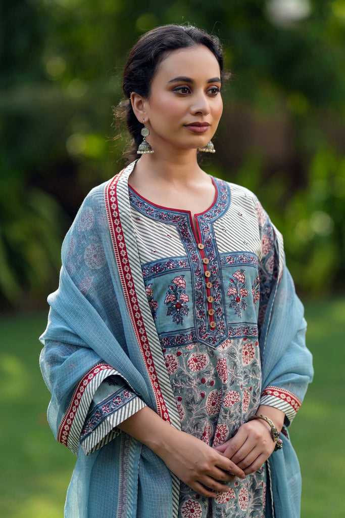 Light Blue Kotadoriya Dupatta With Fabric Border