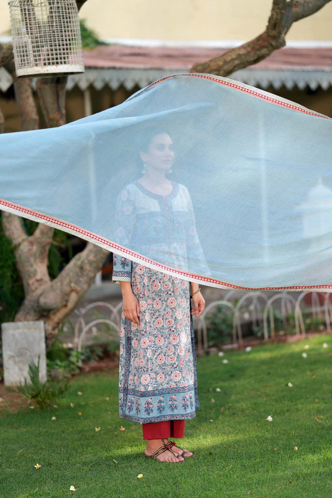 Light Blue Kotadoriya Dupatta With Fabric Border