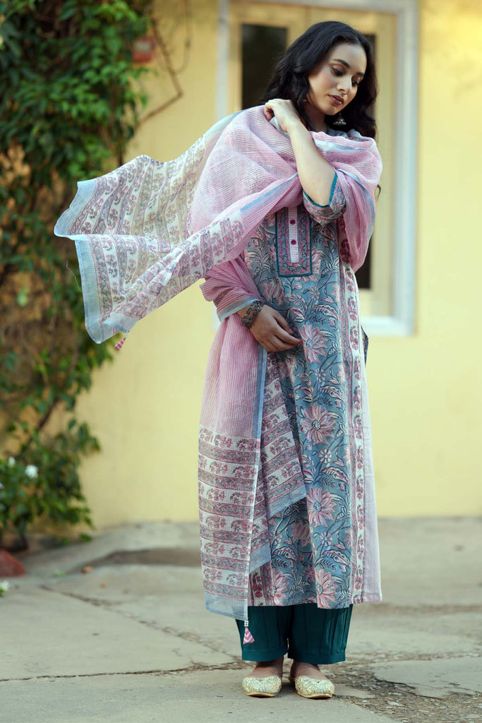 Light Pink Hand Block Printed Kotadoriya Dupatta