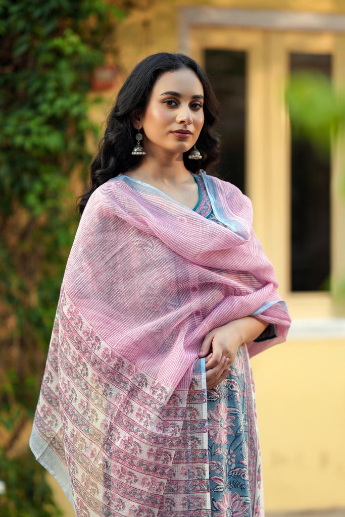 Light Pink Hand Block Printed Kotadoriya Dupatta