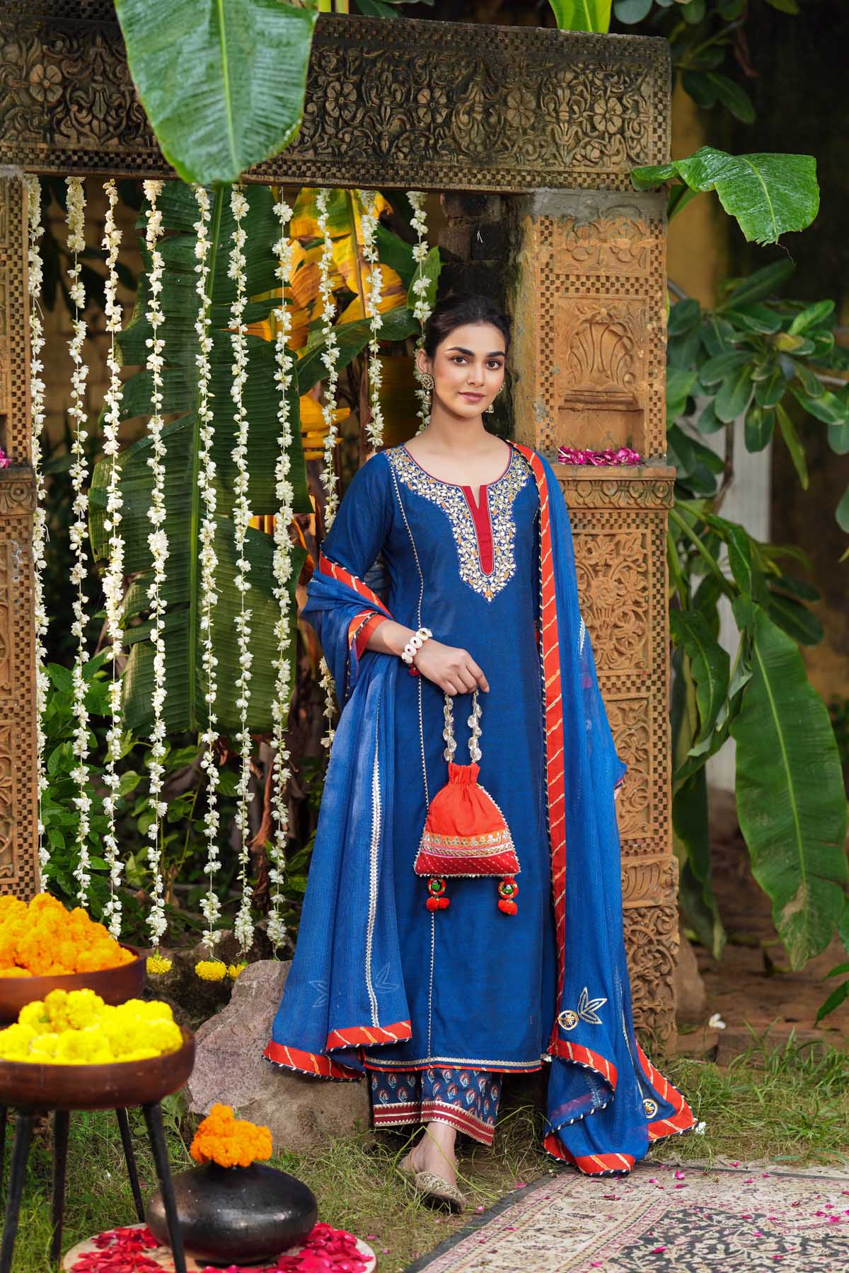 Navy Blue Kotadoriya Dupatta With Gota Work