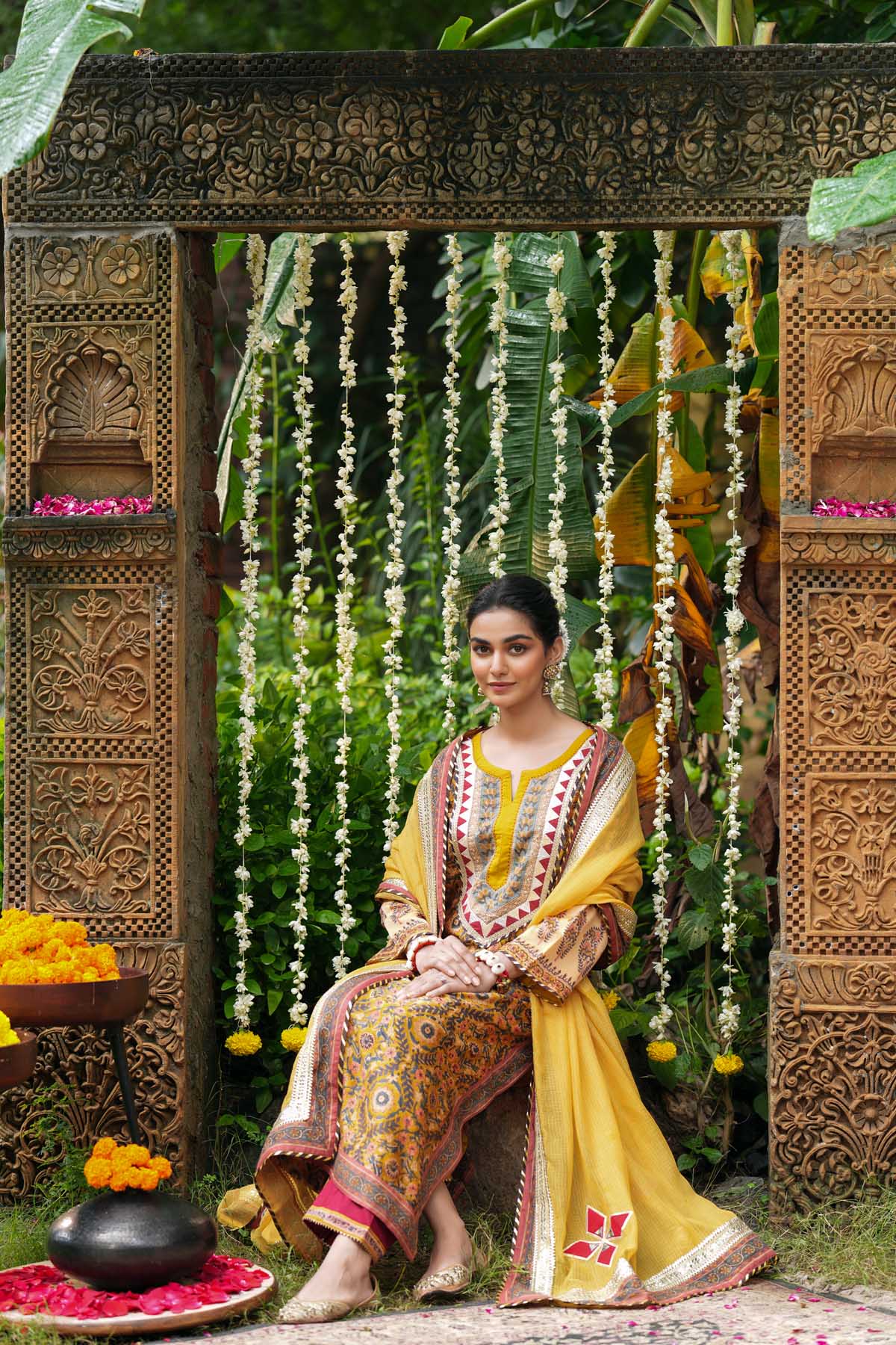 Mustard Yellow Kotadoriya Dupatta With Applique Work