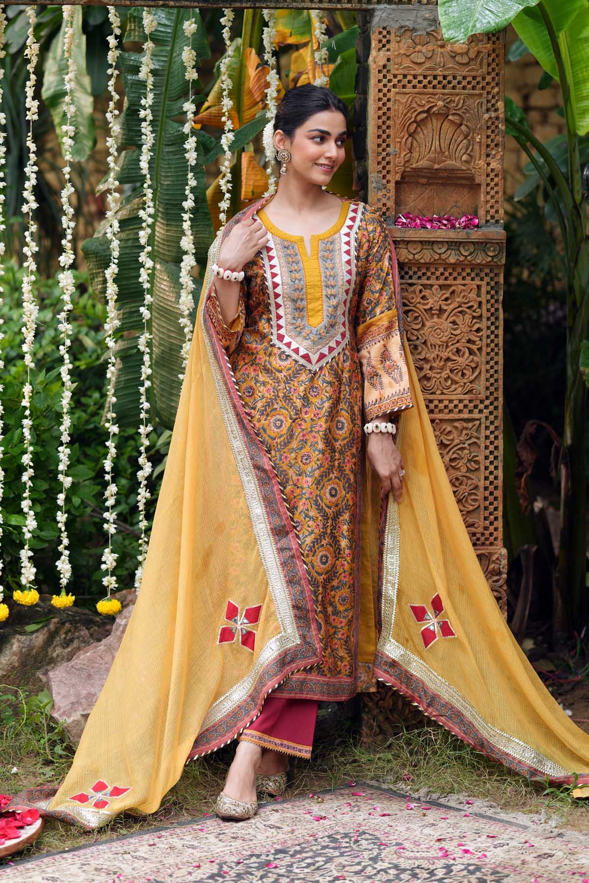Mustard Yellow Kotadoriya Dupatta With Applique Work