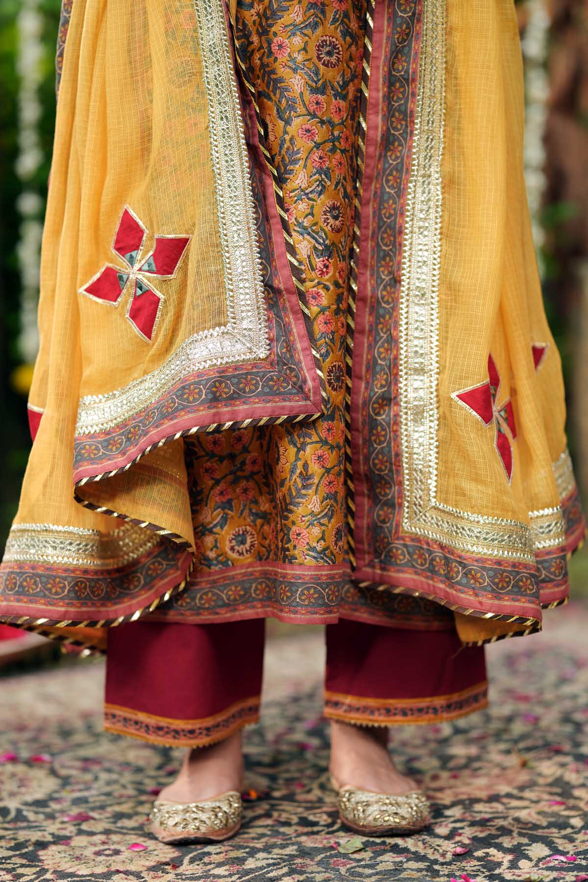 Mustard Yellow Kotadoriya Dupatta With Applique Work