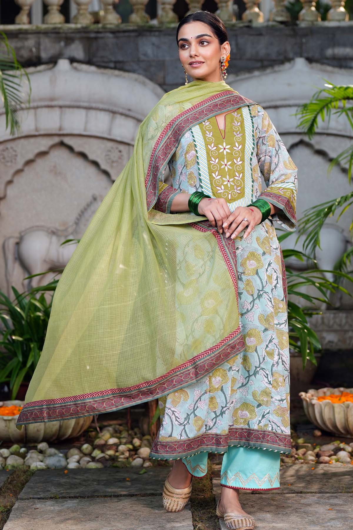 Mehndi Green Kotadoriya Dupatta with Gota Work
