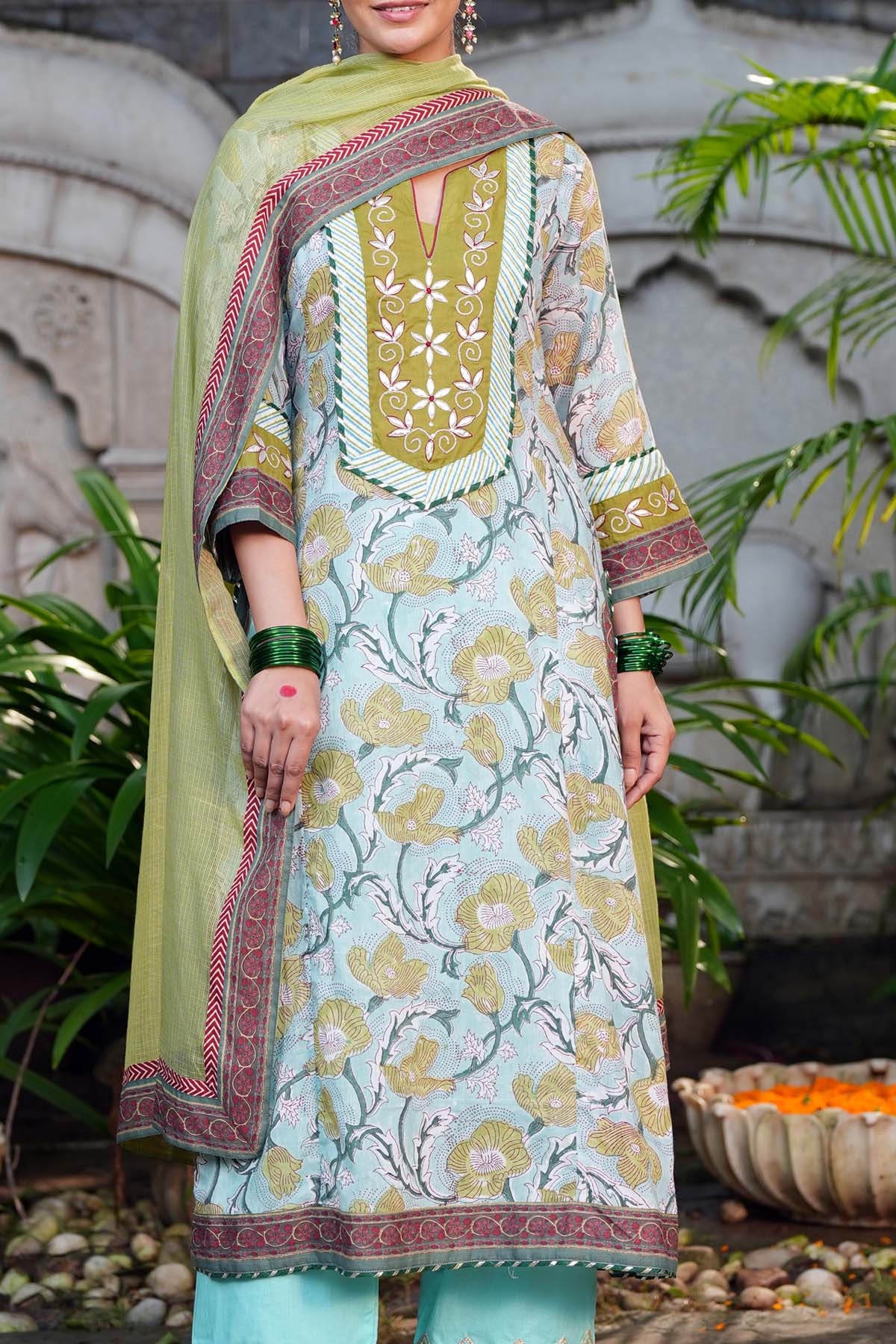 Mehndi Green Kotadoriya Dupatta with Gota Work