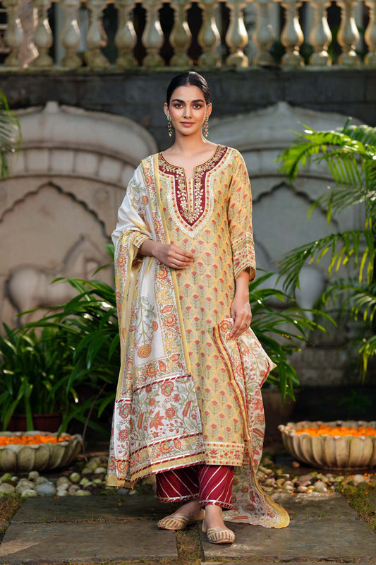 White Handblock Chanderi Dupatta with Gota Work