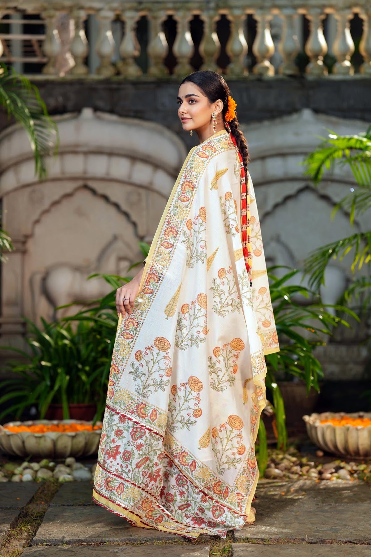 White Handblock Chanderi Dupatta with Gota Work