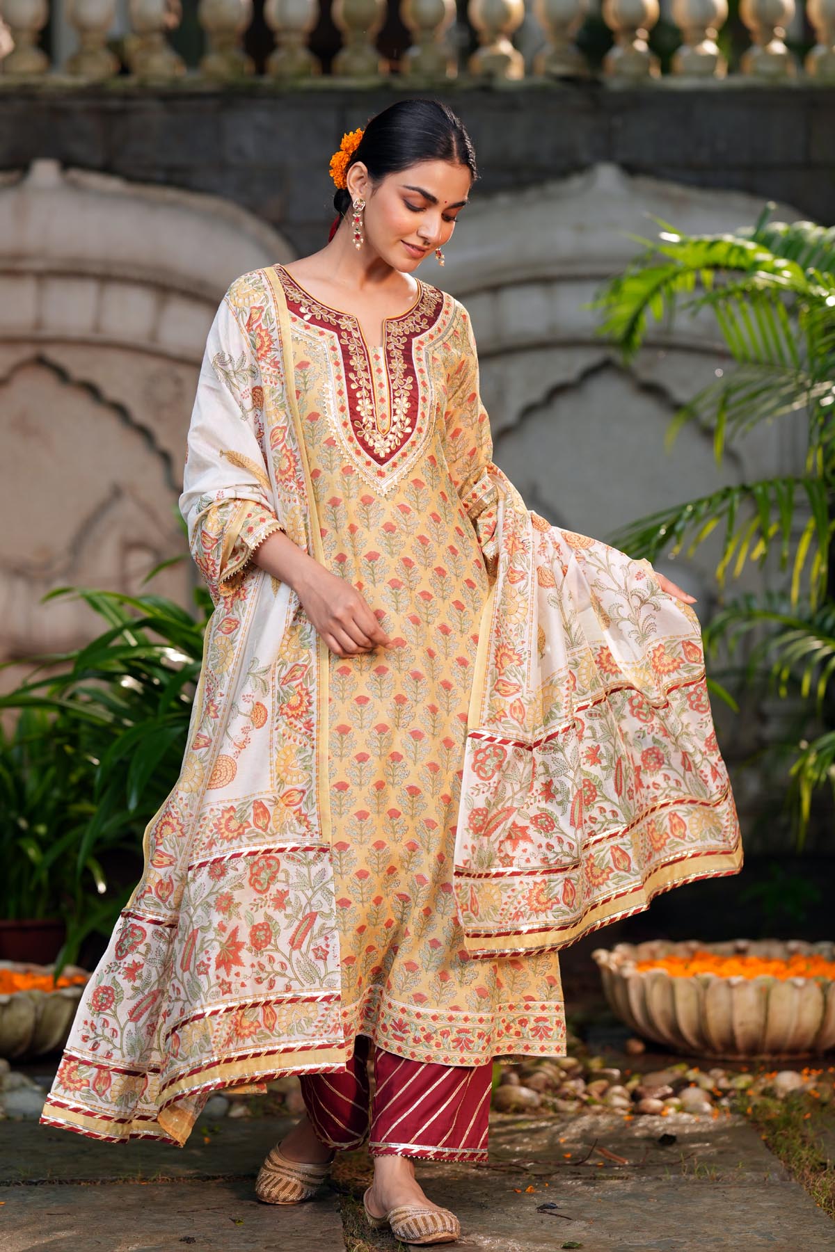 White Handblock Chanderi Dupatta with Gota Work