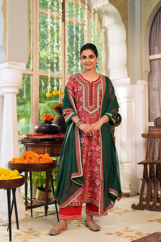 Dark Green Kotadoriya Dupatta with Gota Work