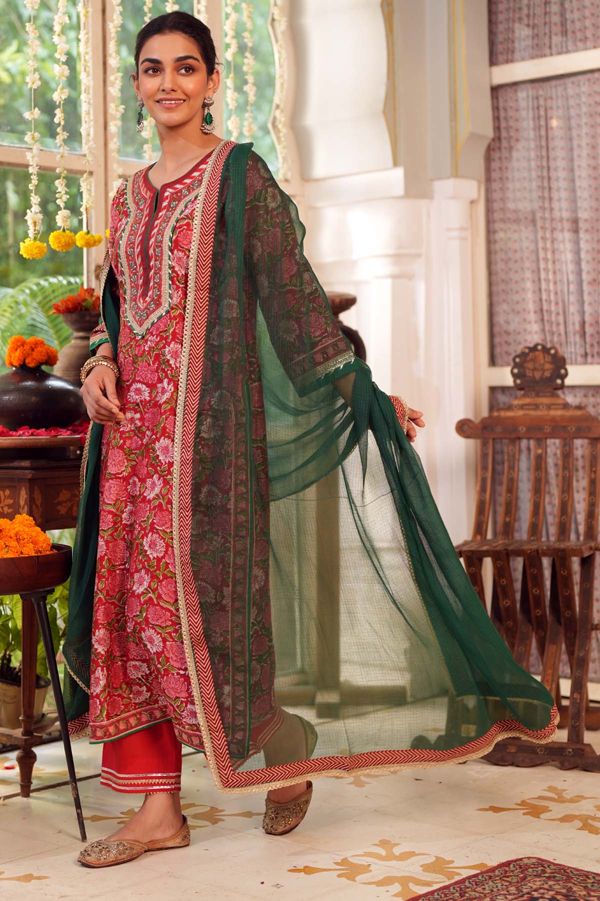 Dark Green Kotadoriya Dupatta with Gota Work
