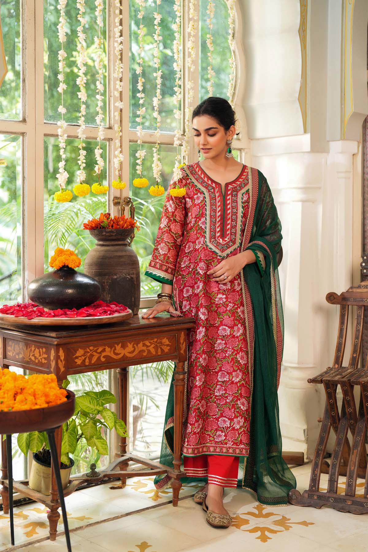 Dark Green Kotadoriya Dupatta with Gota Work