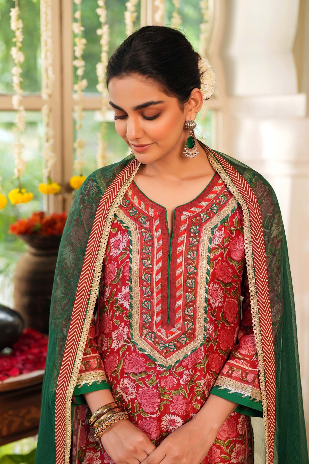 Dark Green Kotadoriya Dupatta with Gota Work