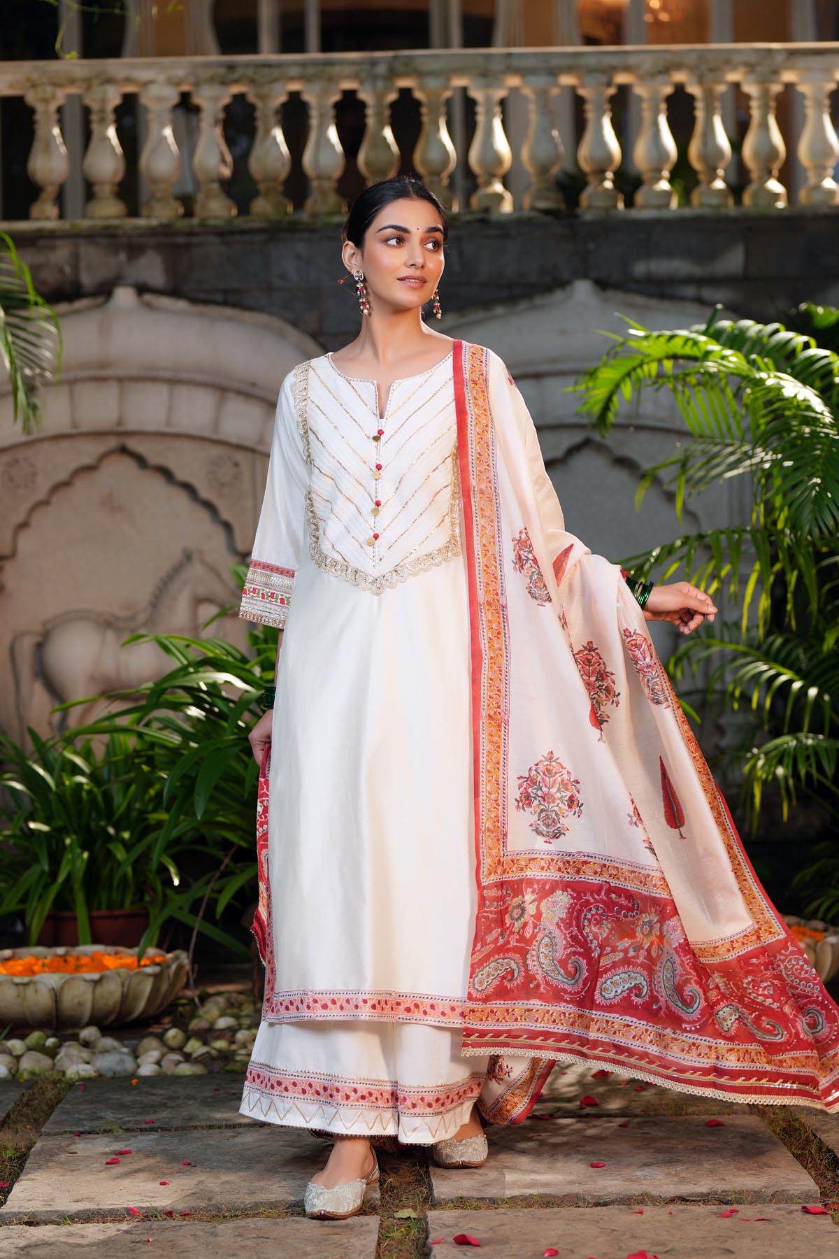 Cream Hand Block Printed Chanderi Dupatta