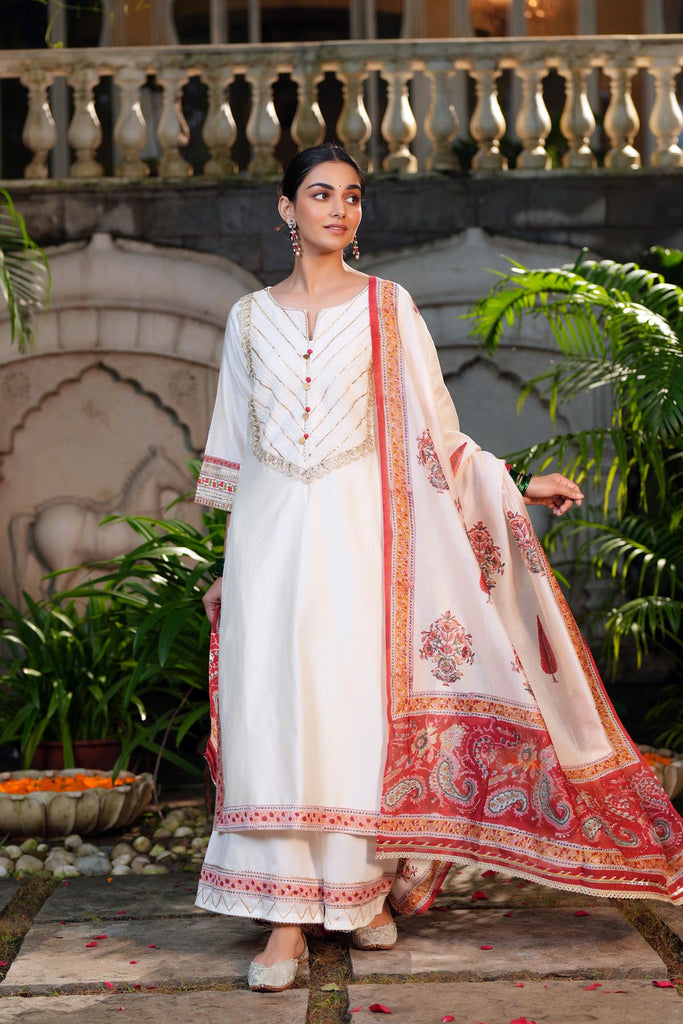 Cream Hand Block Printed Chanderi Dupatta