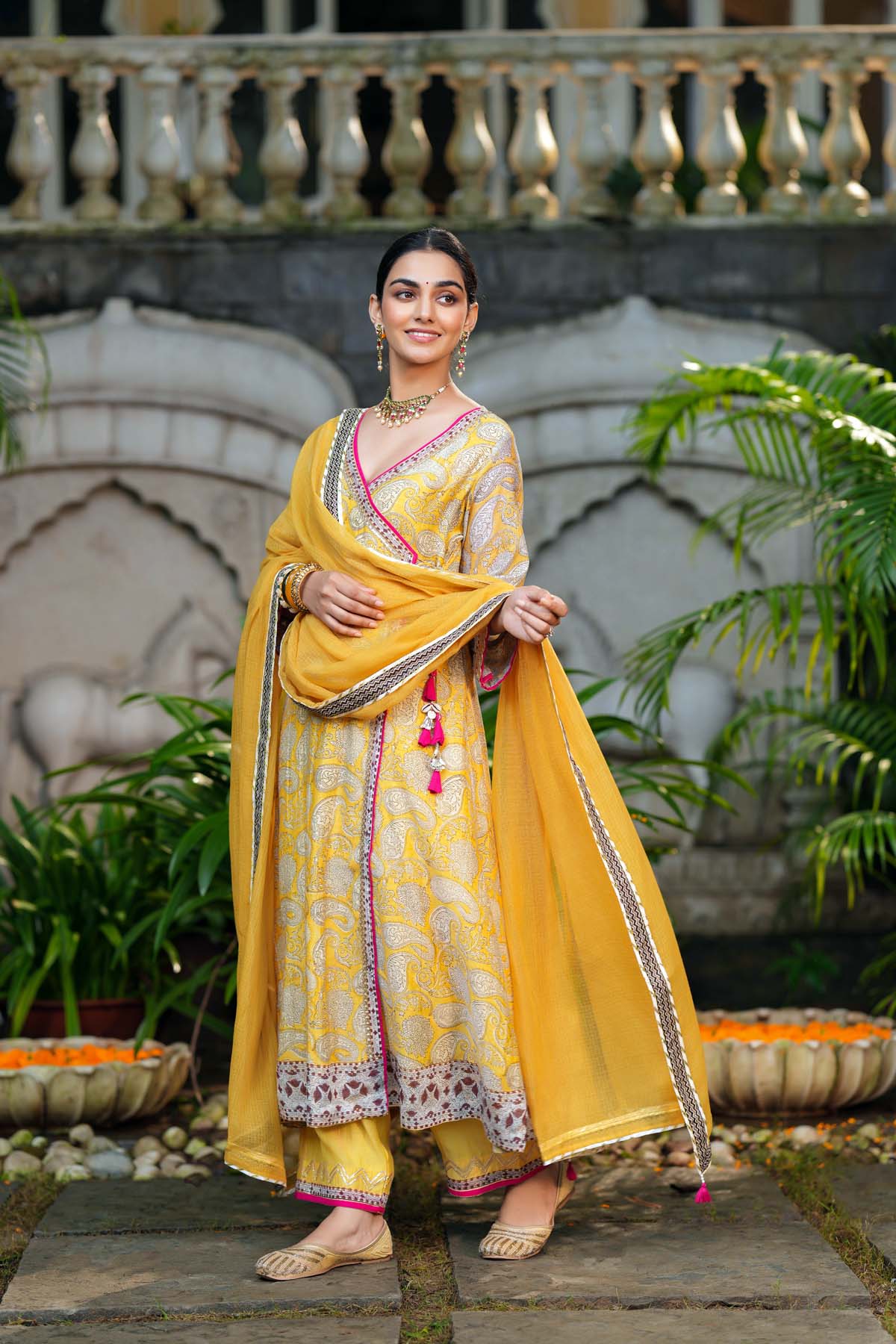 Mustard Yellow Kotadoriya Dupatta with Gota Work