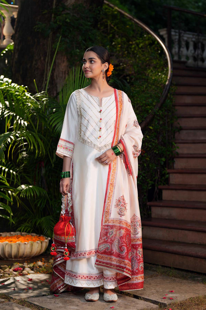 Cream Hand Block Printed Chanderi Dupatta