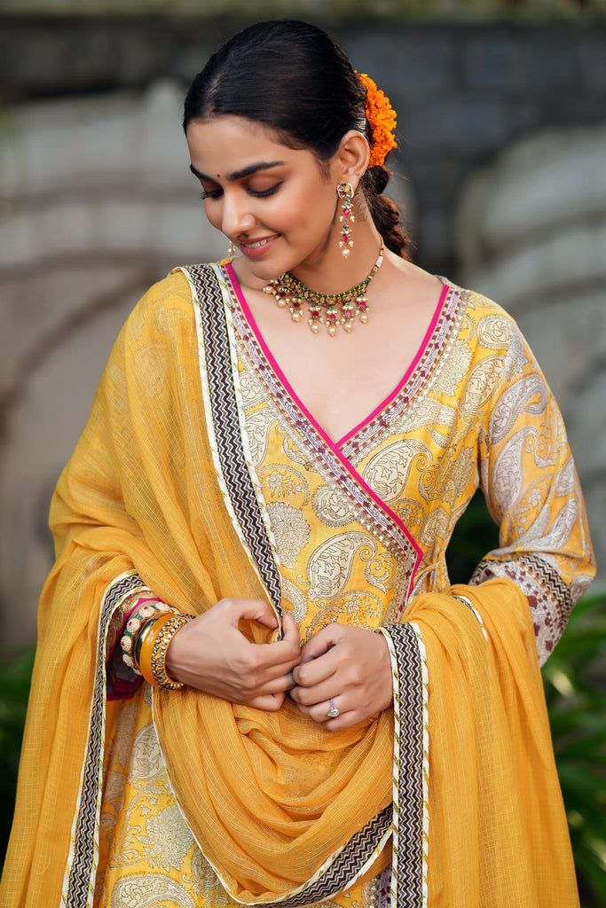 Mustard Yellow Kotadoriya Dupatta with Gota Work