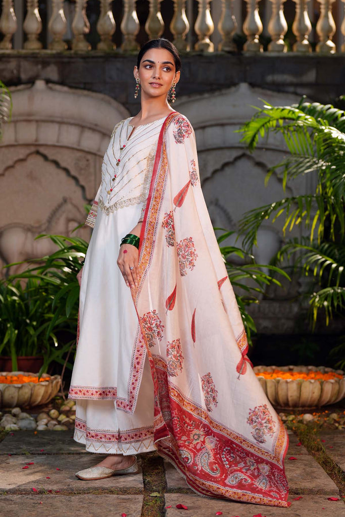 Cream Hand Block Printed Chanderi Dupatta