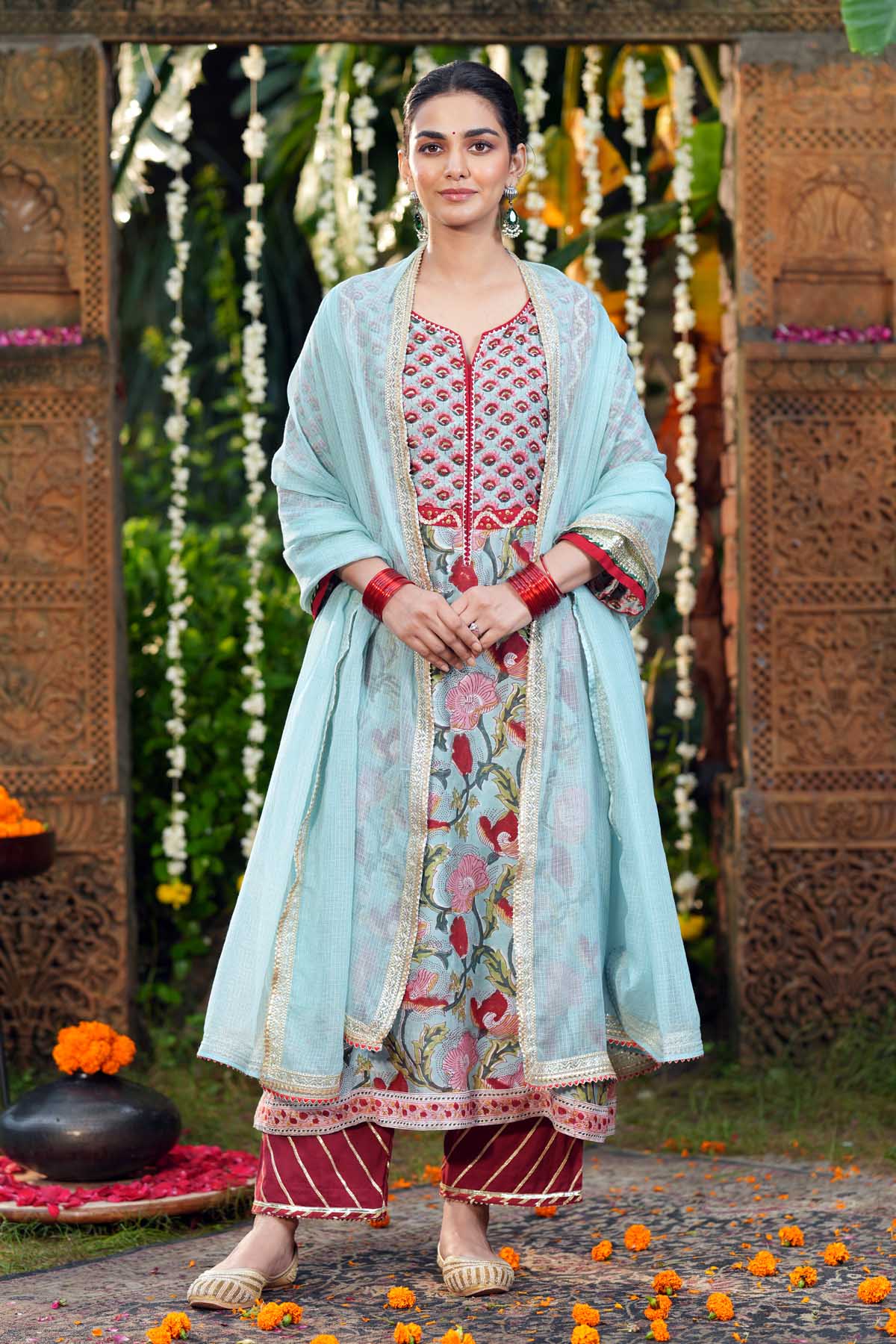 Aqua Blue Kotadoriya Dupatta with Gota Work