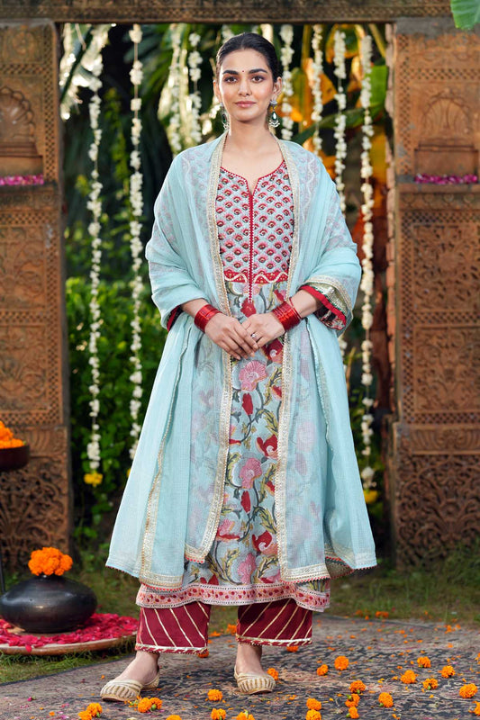Aqua Blue Kotadoriya Dupatta with Gota Work