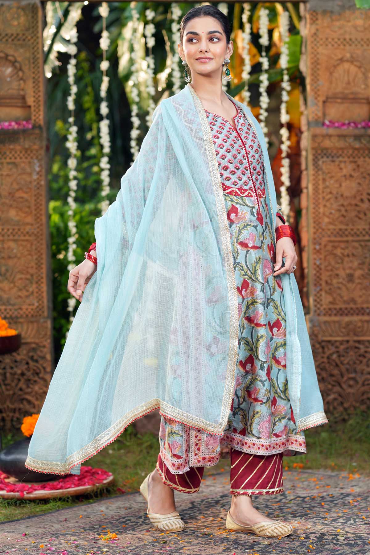 Aqua Blue Kotadoriya Dupatta with Gota Work